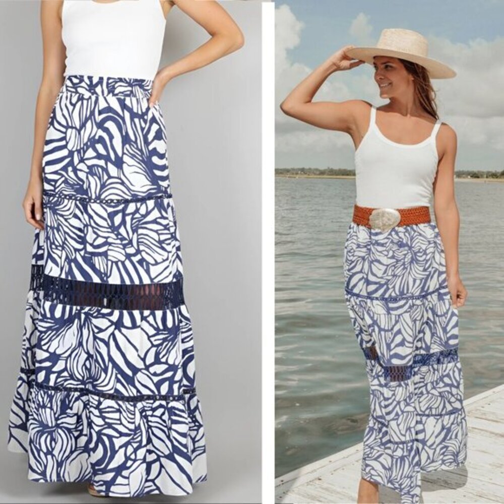 La Plage Breakers Maxi Skirt Size S Abstract Floral Navy White Tiered Cotton